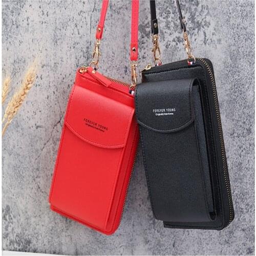 2021 New Women Purses Solid Color Leather Shoulder Strap Bag Mobile Phone Bag Card Holders Wallet Handbag Pockets for Girls