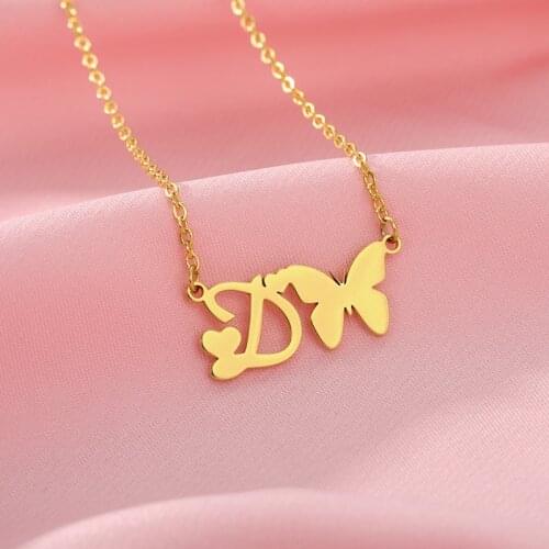 Cute A-Z Initial Letters Bow Necklaces Women Stainless Steel Gold Chain Chokers Letter Butterfly Necklace Jewelry Alphabet Gift