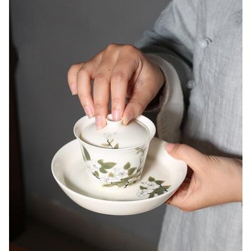 Hand painted pear flowers Travel Teapot Ceramic Sancai Cover Bowl Tea Tureen Teacup Gaiwan Tea Bowl Tes Set Tea Cup Drinkware