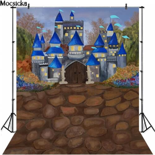 Hand Painted Cartoon Blue Castle Photoshoot Backdrop for Kids Cake Smash Birthday Photographic Studio Photo Backgrounds Props