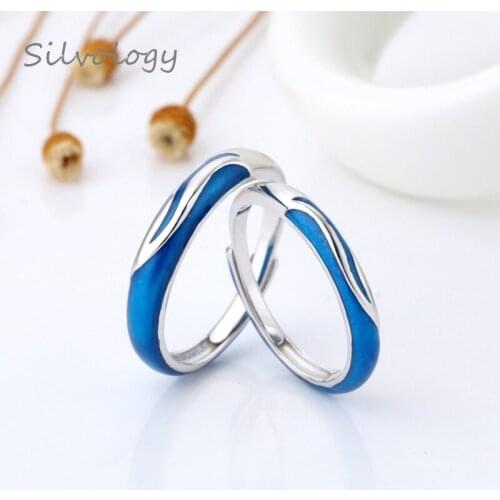 Silvology Blue Water Belt Couple Rings Original 925 Sterling Silver Enamel Texture Hand Painted Elegant Rings Romantic Jewelry