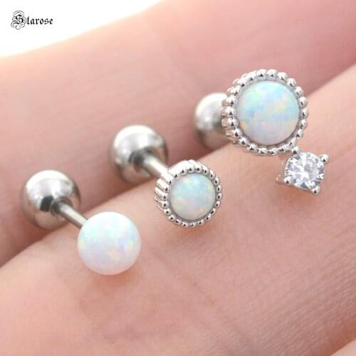 Starose 1 Piece Natural White Opal Earrings Cartilage Tragus Piercing Helix Piercing Stud Stainless Steel Bar Zircon Ear Jewelry