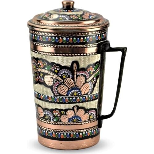 SONAYCOPPER Rose Flower Copper Handmade Painted Copper Pitcher Jug with Lid for Drinking Water, Moscow Mule, Cocktail
