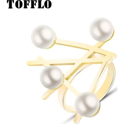 TOFFLO Stainless Steel Jewelry Cross Symbol Magazine Pearl Exaggerated Fashion Ring For Women BSA103