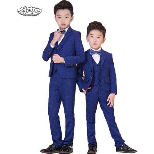 Boys Formal Wedding Suits Sets Kids Plaid Blazer vest pants shirts bowtie 5pcs Clothing Sets Children Party Performance Dress