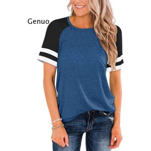 Womens Short Sleeve Shirts Crew Neck Color Block Workout Top Casual Tunic Tops Athletic Femme Summer T-Shirt Plus Size