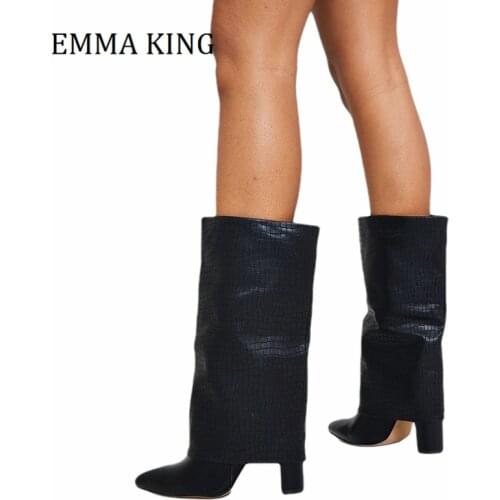 2021 Spring Women Fold Block Heel Calf Boots Faux Leather Fold-over Mid Calf Boot Ladies Slip On Pointy Toe Woman Botas De Mujer