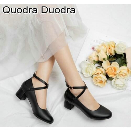 New Womens Pumps women shoes Thick High Heels round toe buckle Cover Casual Sweet Party white big size 42 37 student leisure