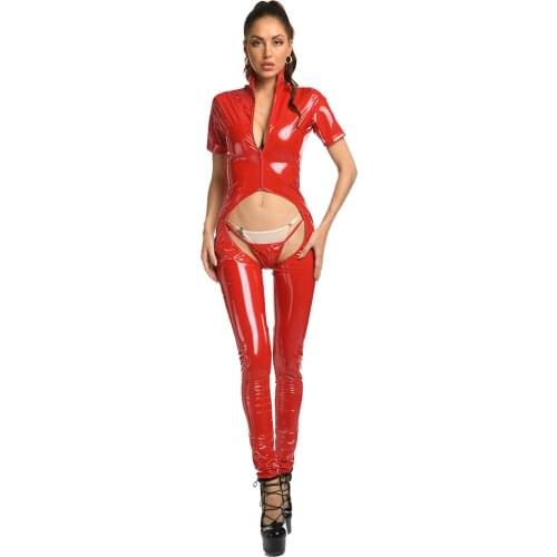 Women Wet Look Patent Leather Catsuit Open Crotch Bodysuit Mock Neck Short Sleeve Zipper Lace-up Skinny Jumpsuits with G-strings