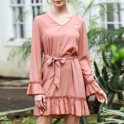 2021 Casual Solid Color Women Dress Elegant V Neck Long Sleeve Sashes Belt Pink Sundress Cotton Summer Short Dress New Vestidos