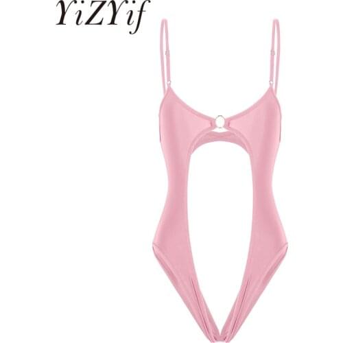 Womens Sexy One-piece Smooth Silky Lingerie Bodysuits Deep V Neck Sleeveless Crotchless Open Butt Leotard Bodysuit Nightwear