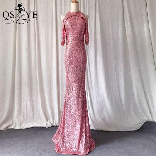 Halter Neck Pink Evening Dress Side Sleeves Women Dress Mermaid Sequin Long Prom Gown Keyhole Fit Party Formal High Neck Dresses