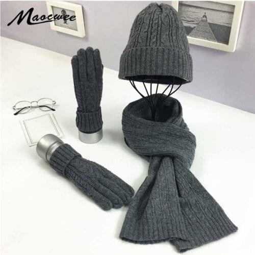 3 PC Womens Winter Knitted Hat Cap Hat Scarf Glove Sets Fashion Twist Stripes Cap Gorros Bonnet Wool Hand knitting Scarf
