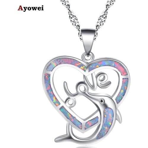 Ayowei Party Heart Dolphins Designer white fire opal 925 silver stamped Necklace Pendants Fashion Jewelry OP782A