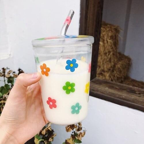 Colorful Flower Borosilicate Glass Coffee Cup with Straw Lid 350ml Clear Jar Drinking Cups Straw Milk Cups for Adults & Kids