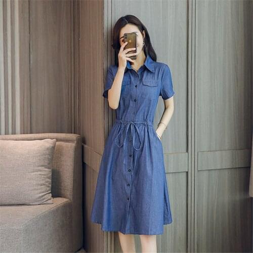 Denim Short-Sleeved Dress Women 2021New Summer Mid-Length Drawstring Cowboy Dresses Female Single-Breasted Jeans Vestidos Lady