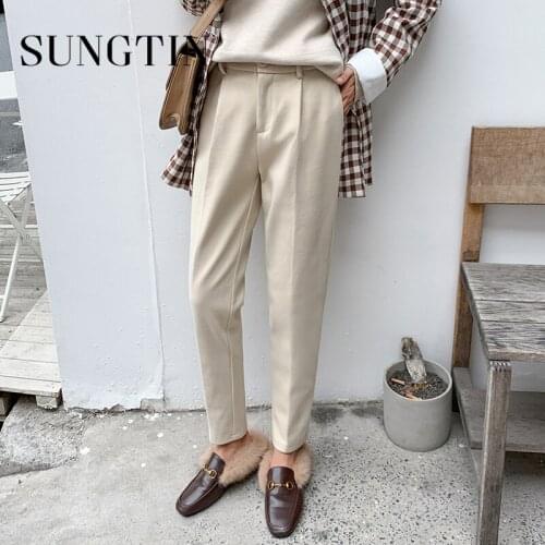 Sungtin Korean Woolen Pants Women Office Lady High Waist Loose Straight Trousers Warm Plus Size Casual Ankle Length Pencil Pants