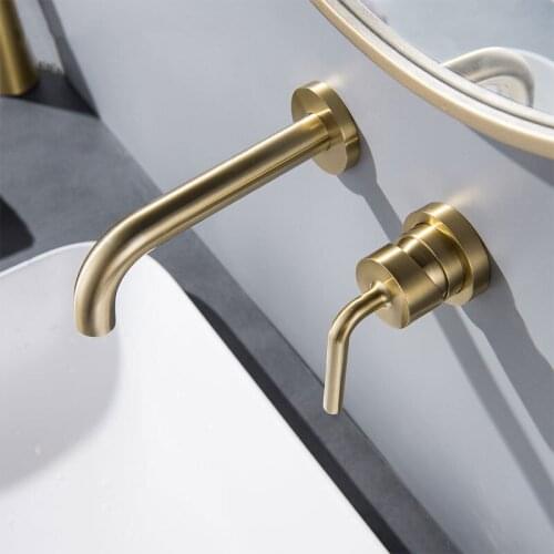 Brass Brushed Gold Bathroom Sink Faucet Tap Hot Cold Wash Basin Water Swivel Spout Wall Mounted Bath Mixer