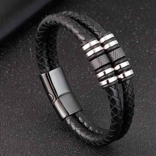 Stainless Steel Accessories Multi-layer Hip Hop Rock Style Black Color Mens Leather Bracelet New Year Gift