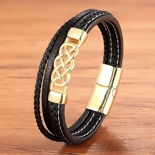 Charms Fashion Trendy Gold weave Rope Braided Punk Rock Luxury Leather Bracelet Men Black Magnetic Bangles Jewelry