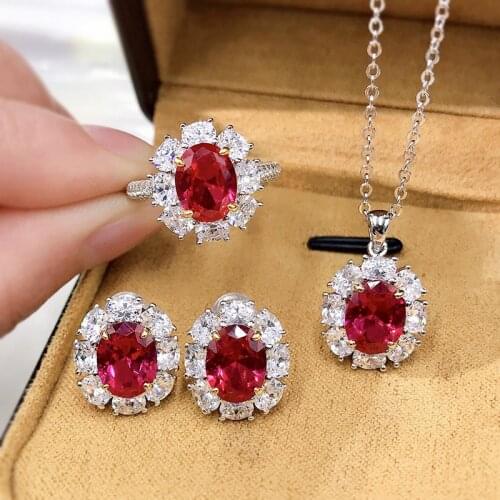 Women Wedding Jewelry Sets Real 925 Silver Bridal Accessories Red Garnet CZ Earring Pendant Necklace Bracelet And Ring Gift Sets