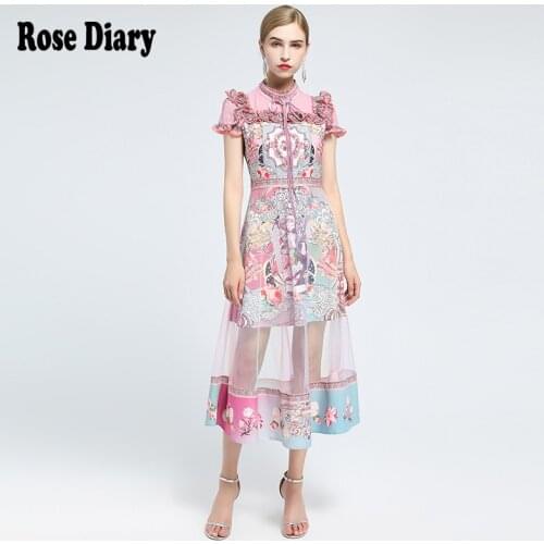RoseDiary 2021New Fashion Runway Summer Midi Dress Womens Lace Embroidery Angel Printed Mesh Splice Elegant Vintage Dresses