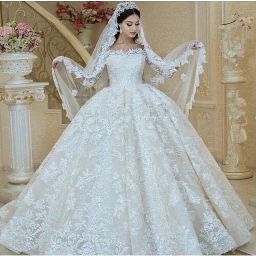 Charming Wedding Dresses Long Sleeve Lace Appliques Ball Gown Bridal Gowns Puffy Elegant Wedding Robe De Mariee