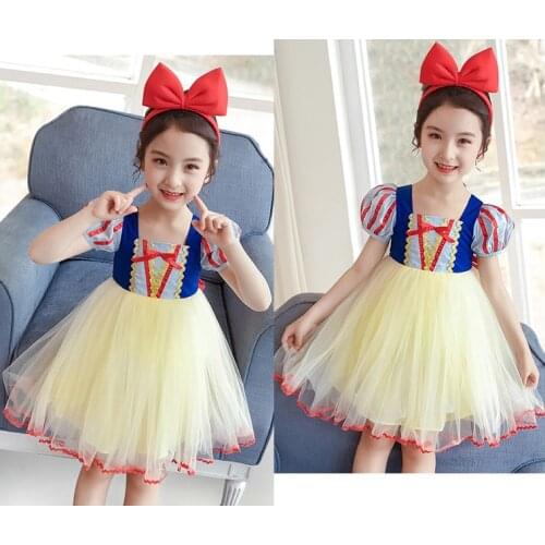 2021 New Summer Girls Dress Bow Snow White Cosplay Princess Dress For Girl Kids Birthday Present Toddler Children Clothing
