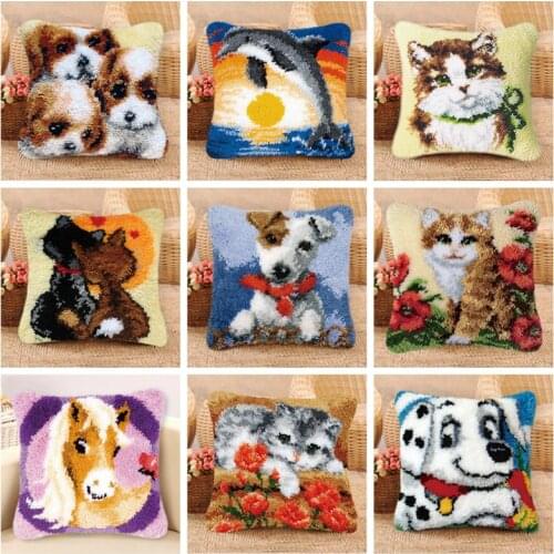 Cat And Dog Knooppakket Smyrna Klink Haak Kleed Bloemen Latch Hook Pillow Cross Stitch Pillows Embroidery Package Pillow Gift