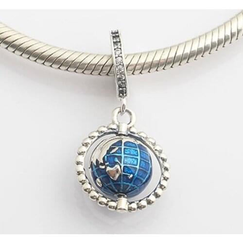 Authentic S925 Pendant Spinning Globe Dangle Bead Charm Fit Lady Bracelet Bangle DIY Jewelry