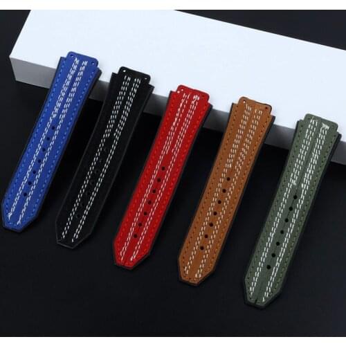 Watchband Nubuck stiching Leather Strap Silicone rubber back for Hublot Strap 25 X19mm for Big Bang watch Band Fusion Logo
