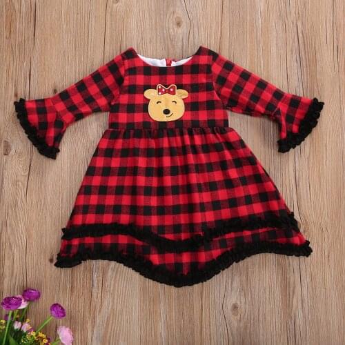 0-5 Years Toddler Baby Girl Christmas Dress Flare Long Sleeve Red Plaid Party Dresses with Cute Cartoon Reindeer Pattern