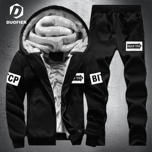 Warm Sport Suit Men 2PCS Set Winter Sportsuit 2021 New Thermal Hoodies Sets Fleece Tracksuit Windproof Gym Run Black Sportswear