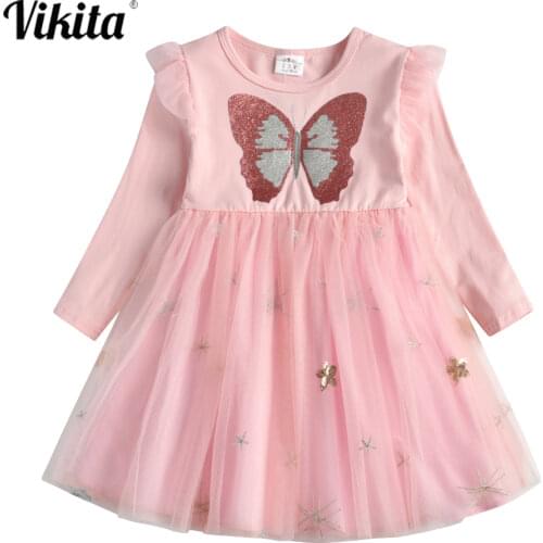 VIKITA Butterfly Kids Girl Elegant Dress Girls Princess Dress Party Pageant Formal Dress Children Mesh Tulle Birthday Dress
