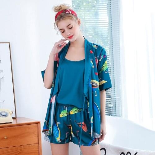 Wasteheart Pink Green Cartoon Womens Sleep Pajama Sets Sleepwear Vest Shorts Sexy Nightwear Suits Faux Silk 3 Pieces Nightgown