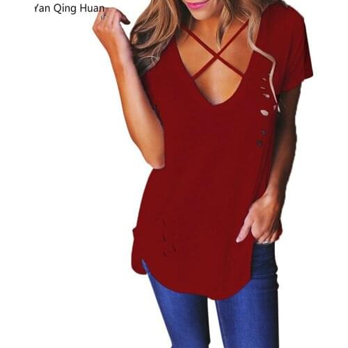 Yan Qing Huan New Summer V-neck Straps Hollow Tees Street Trend Hole Solid Color Short-sleeved Ladies T-shirt Explosion Models