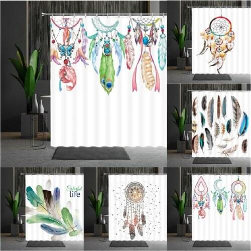Feather Shower Curtain Bohemian National Style Colorful Feathers Pattern Curtain Bathroom Set Waterproof Polyester Fabric