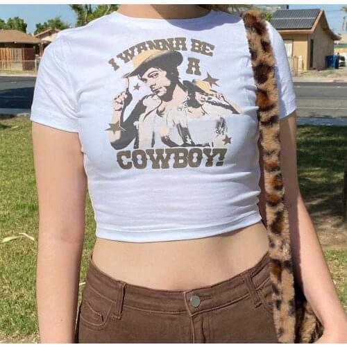 Women Shirt with Saying I Wanna Be A Cowboy Female Silm Fit Short Sleeve Tops Unisex Western Style Adventure Classical Clothes