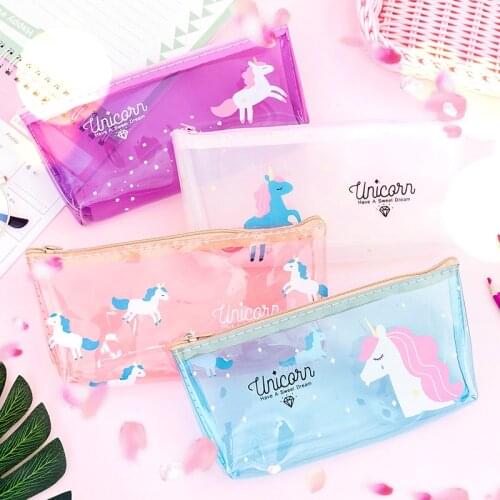 1pc PVC Kawaii Transparency Korean Cartoon Unicorn Pencil Case Pencil Bag Cute Stationery Bag