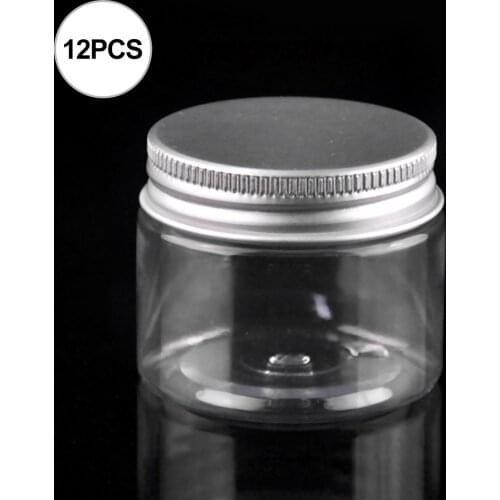 12pcs Cosmetic Containers Empty Clear Plastic Wide Mouth Storage Bottle Jars with Aluminum Lids for Toiletry Makeup Cream 1.7oz