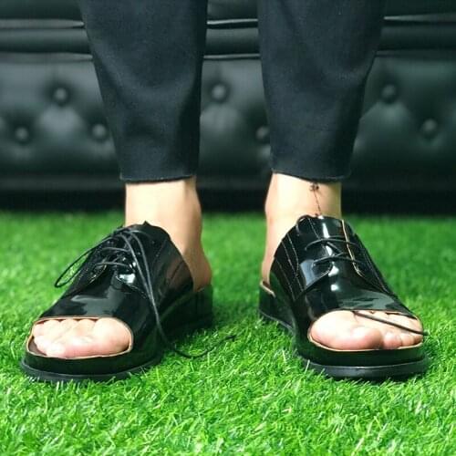 2018 New Cow leather Peep toe Slippers Lace up Flat heel Summer Beach Sandals