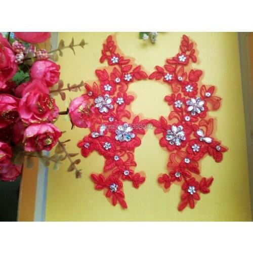 Free shipping Red 26.5*12cm sew on crystal Rhinestones lace applique for dress veil Manual DIY accessories