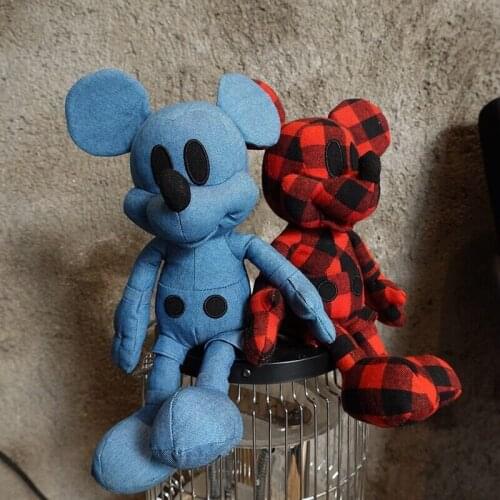 Disney Mickey Mouse Mickey Minnie 30cm Denim Plaid Vintage Style Soft Stuffed Plush Doll Toys For Kids Christmas Gifts Limited