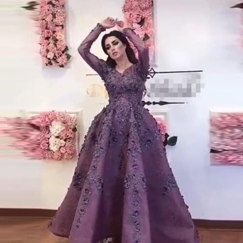 Purple Evening Dresses Saudi Arabic 3D Flower Beads Long Sleeves Lace Floral Ankle Length Prom Gowns Party Dress Vestidos