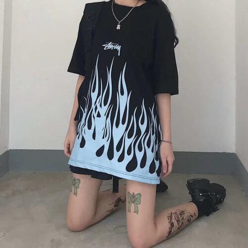 Men Women T-shirt Tops Kawaii Flame Print Tshirt Plus-Size T-shirt Crew Neck Fitted Soft Anime Manga Tee Shirt Clothes