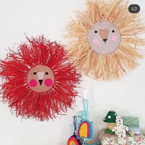 INS Cartoon Lion Hanging Decorations Handmade Cotton Thread Weaving Animal Head Ornament Childrens Room Wall Decor Photo Props