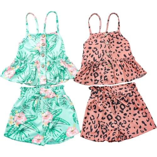 1-5Years Toddler Girls 2Pcs Summer Clothes Floral/Leopard Print Sleeveless Tank Tops + Shorts Set