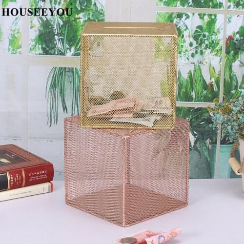 Piggy Bank Wrought Iron Hollow Design Only In Not Out Large-capacity Childrens Money-saving Box Gold and Rose Color Coin Ja