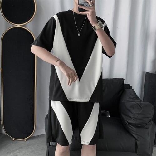 Korean Two-piece Suit Summer Color Matching Tide Brand Sports Suit Mens Short-sleeved Loose Sweat Shirt Five-point Shorts