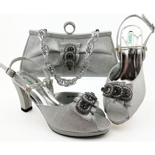 Fashionable African shoes and Bag Set Silver Color Italian Shoes with Matching Bags for Wedding Party